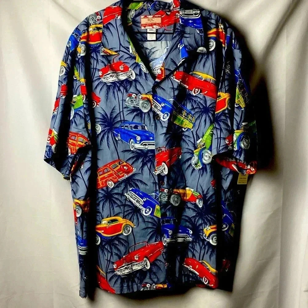 RJC MADE IN HAWAII‎ USA SIZE 4XL 100% COTTON SHIRT PALM TREES AND  ANTIQUE CARS